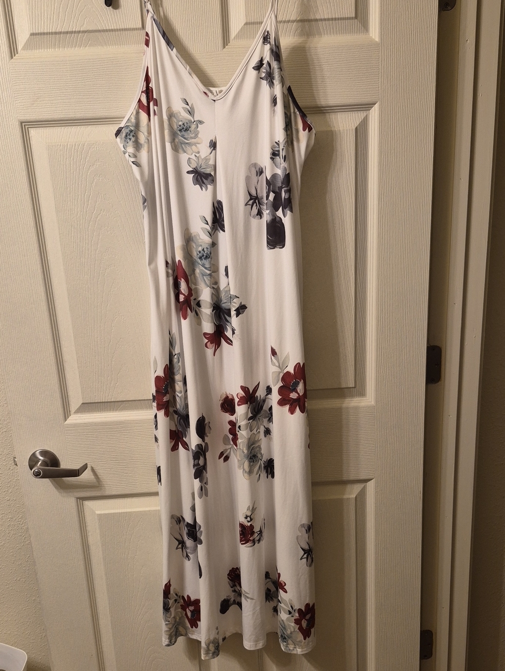 White Floral Slip Maxi Dress with Red and Gray Blooms